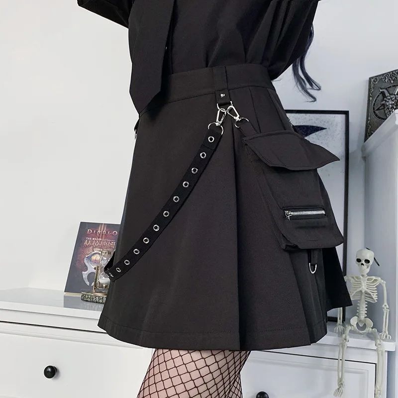 Harajuku Gothic High Waist Punk Mini Skirt – Patchwork Bandage Streetwear for Women