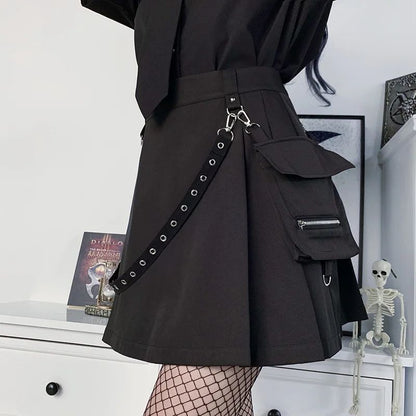 Harajuku Gothic High Waist Punk Mini Skirt – Patchwork Bandage Streetwear for Women