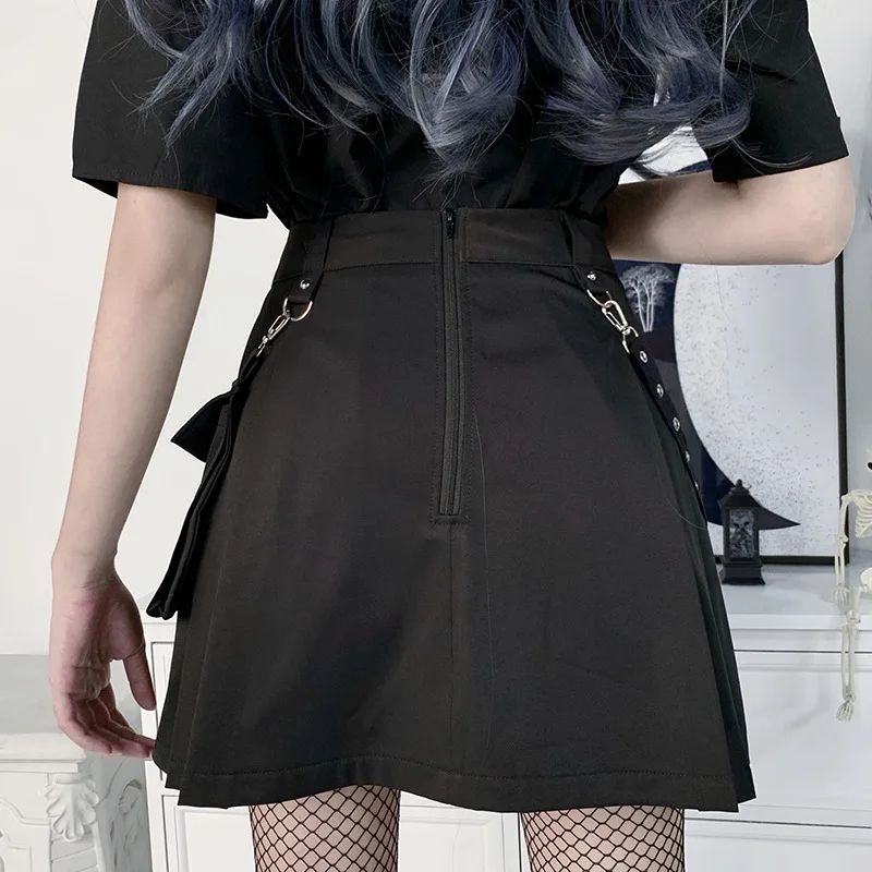 Harajuku Gothic High Waist Punk Mini Skirt – Patchwork Bandage Streetwear for Women
