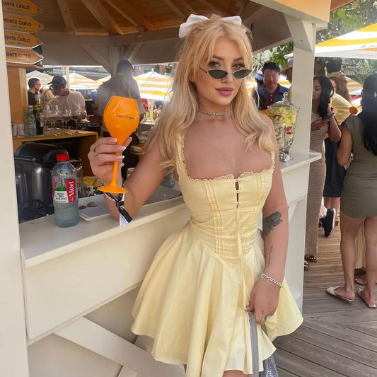 Sexy Yellow A Line Party Dress with Lace Up Back