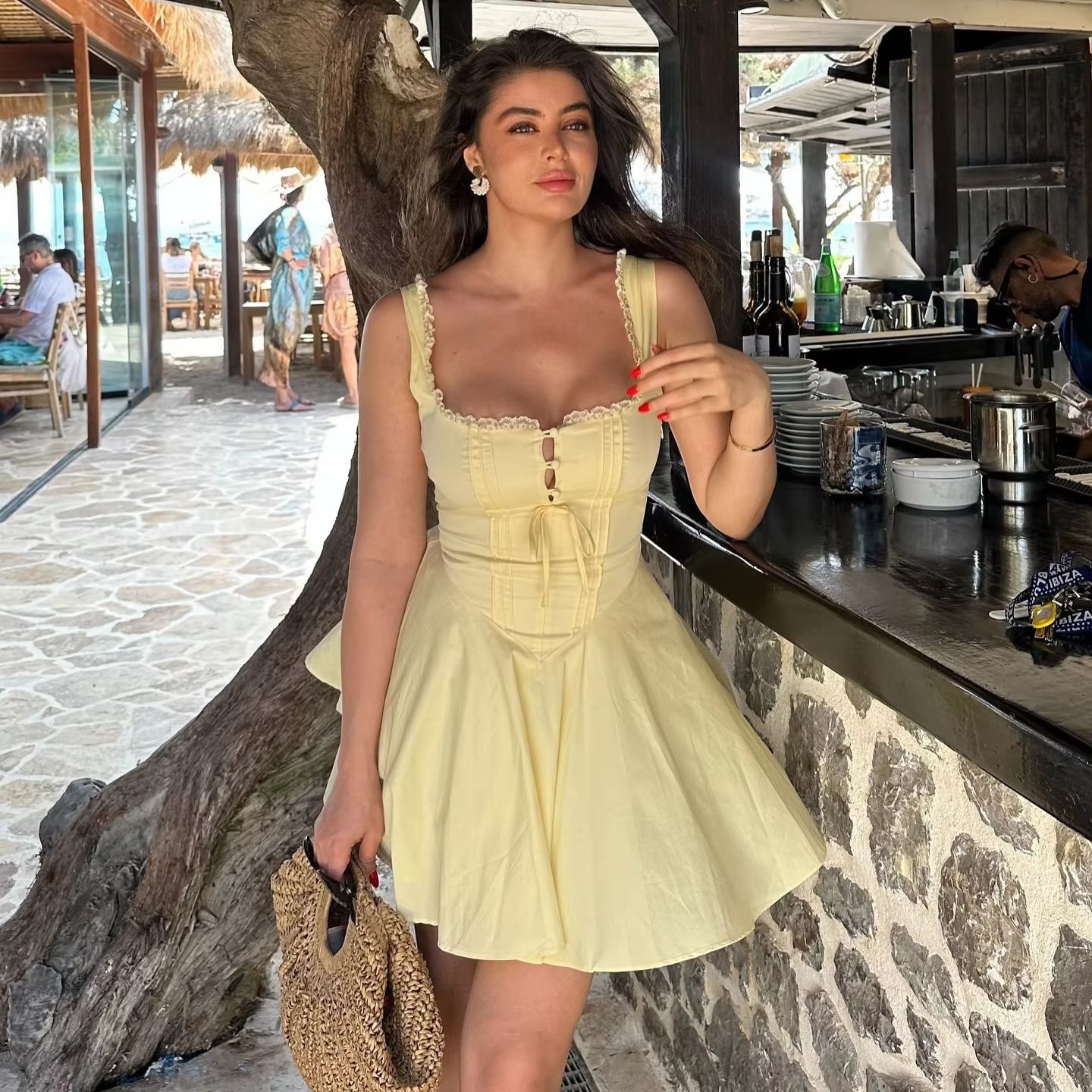 Sexy Yellow A Line Party Dress with Lace Up Back