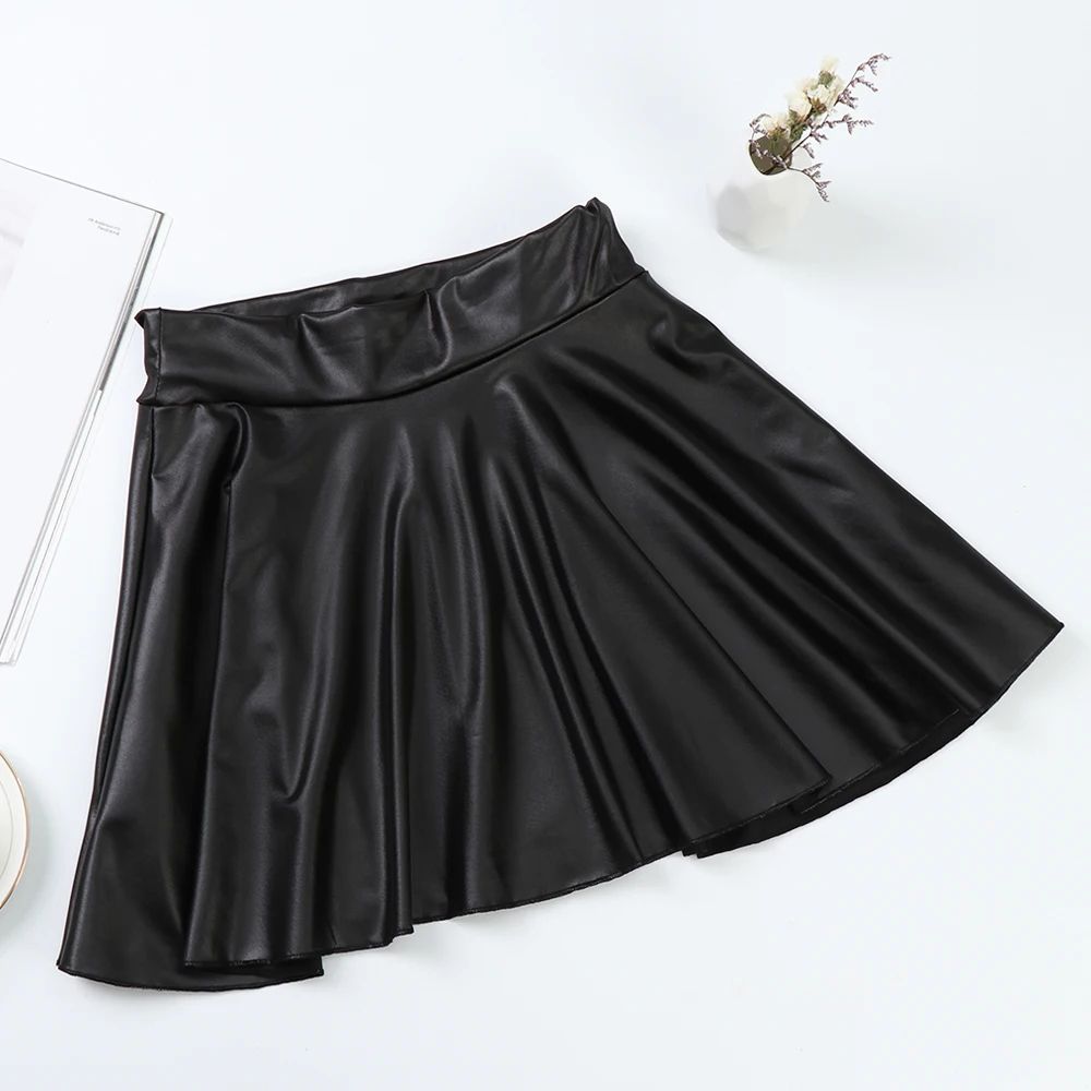 High Waist Faux Leather Mini Skirt – Elastic Waist Womens Leather Skater Skirt