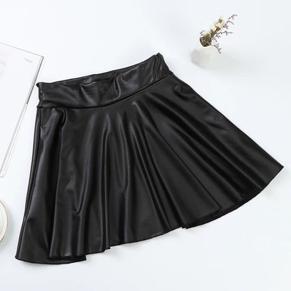 High Waist Faux Leather Mini Skirt – Elastic Waist Womens Leather Skater Skirt