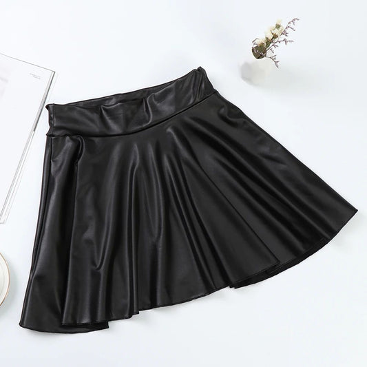 High Waist Faux Leather Mini Skirt – Elastic Waist Womens Leather Skater Skirt