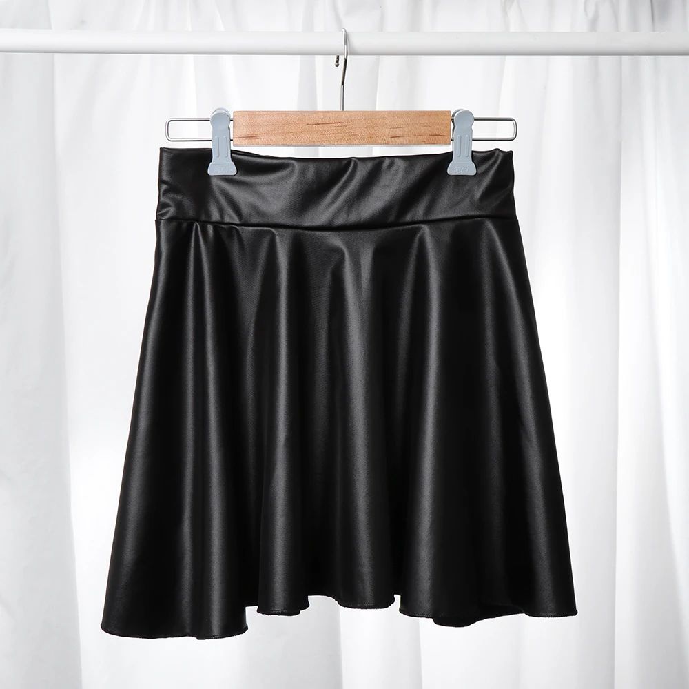 High Waist Faux Leather Mini Skirt – Elastic Waist Womens Leather Skater Skirt