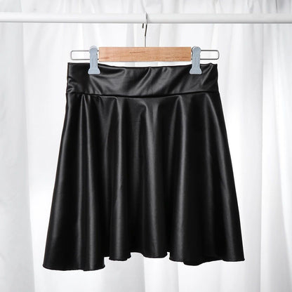 High Waist Faux Leather Mini Skirt – Elastic Waist Womens Leather Skater Skirt