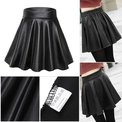 High Waist Faux Leather Mini Skirt – Elastic Waist Womens Leather Skater Skirt