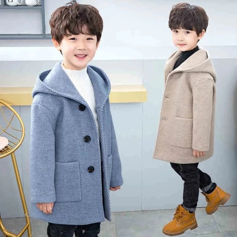 Boys Korean Handsome Woolen System | 2024 Fashion Thickening Jacket & Mid-Length Childrens Outerwear Infrastructure