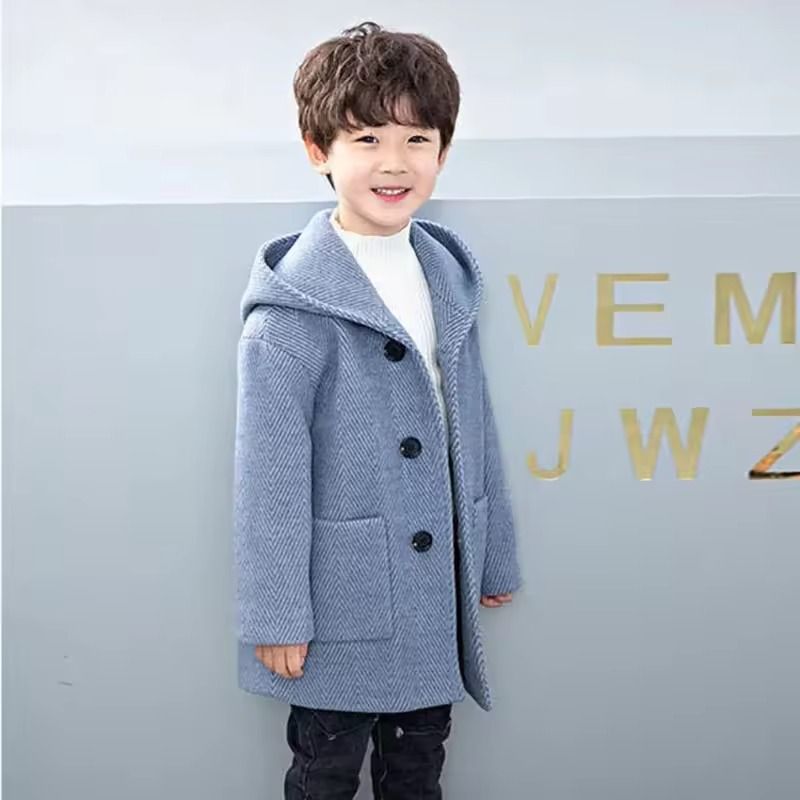Boys Korean Handsome Woolen System | 2024 Fashion Thickening Jacket & Mid-Length Childrens Outerwear Infrastructure