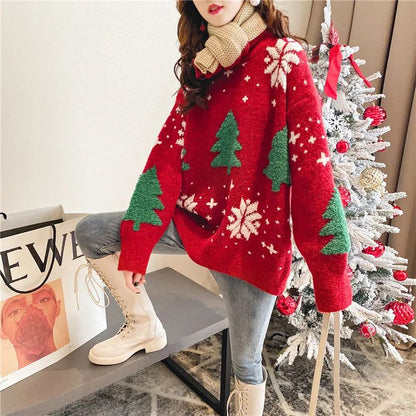 Korean Oversized Snowflake Christmas Sweater Hoodie for Women – Cozy Winter Color Block Pullover