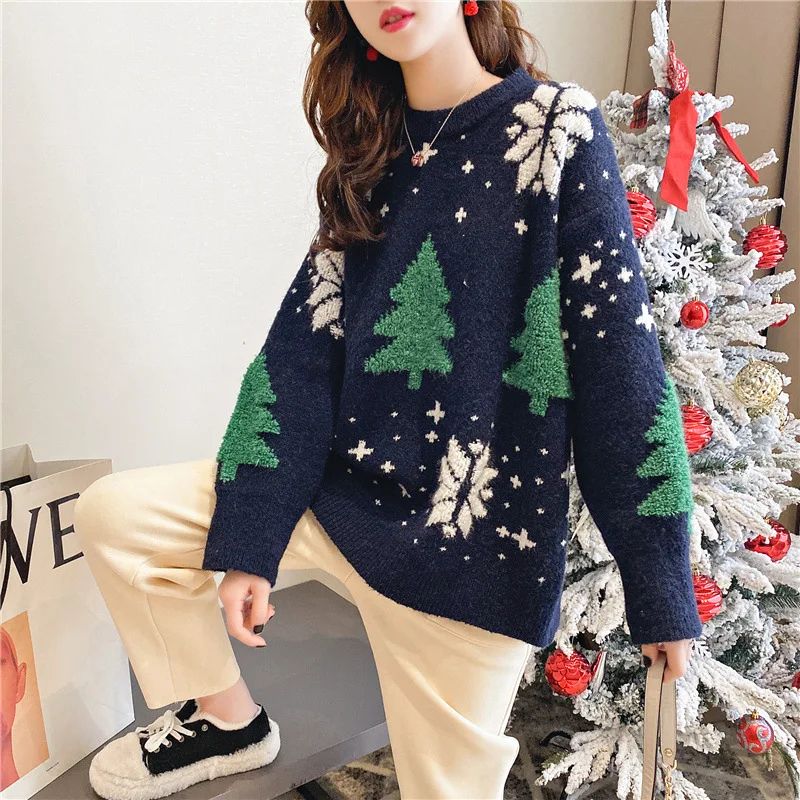 Korean Oversized Snowflake Christmas Sweater Hoodie for Women – Cozy Winter Color Block Pullover