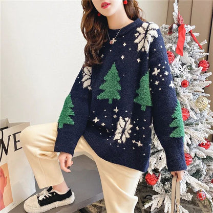 Korean Oversized Snowflake Christmas Sweater Hoodie for Women – Cozy Winter Color Block Pullover