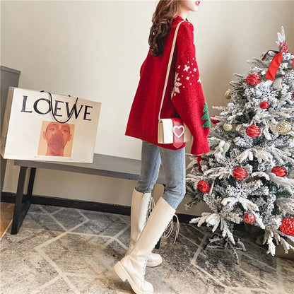 Korean Oversized Snowflake Christmas Sweater Hoodie for Women – Cozy Winter Color Block Pullover