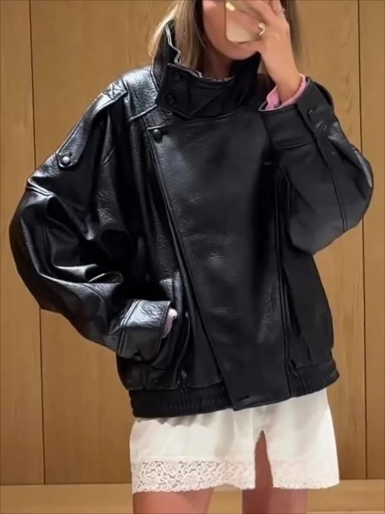 Casual Chic Oversized Faux Leather Jacket Spring Streetwear
