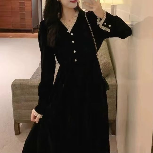 French Retro Velvet V Neck Dress Hepburn Style Black Velvet Dress Elegant Slim Long Velvet Dress