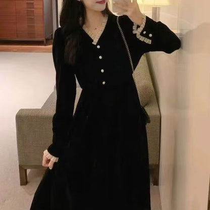 French Retro Velvet V Neck Dress Hepburn Style Black Velvet Dress Elegant Slim Long Velvet Dress