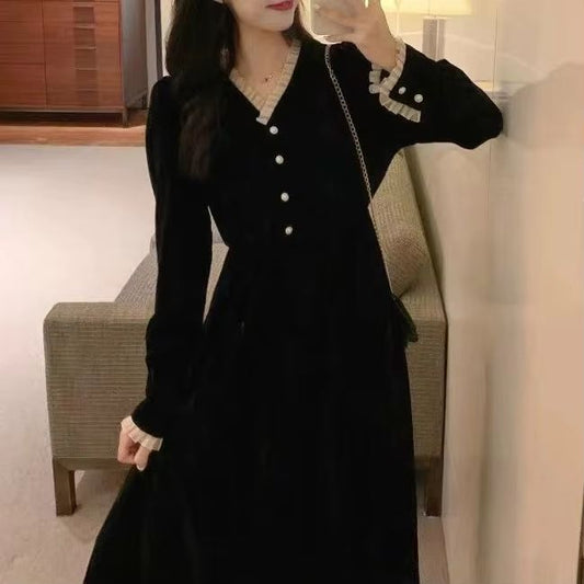 French Retro Velvet V Neck Dress Hepburn Style Black Velvet Dress Elegant Slim Long Velvet Dress