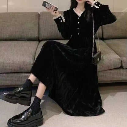French Retro Velvet V Neck Dress Hepburn Style Black Velvet Dress Elegant Slim Long Velvet Dress