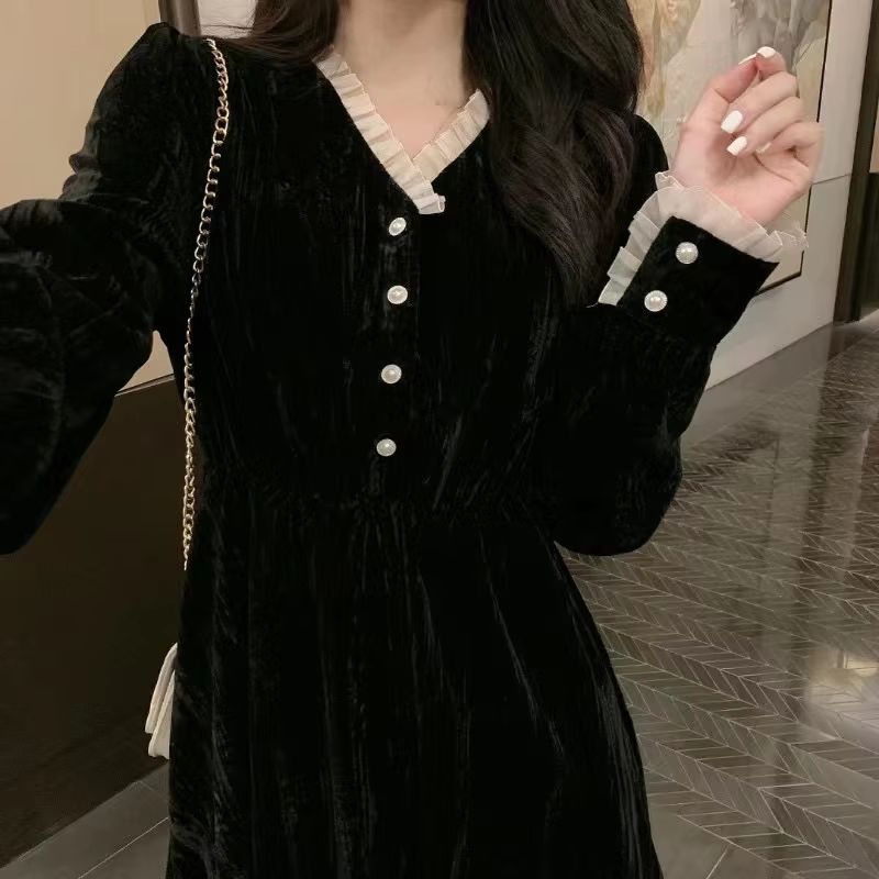 French Retro Velvet V Neck Dress Hepburn Style Black Velvet Dress Elegant Slim Long Velvet Dress