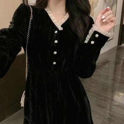 French Retro Velvet V Neck Dress Hepburn Style Black Velvet Dress Elegant Slim Long Velvet Dress