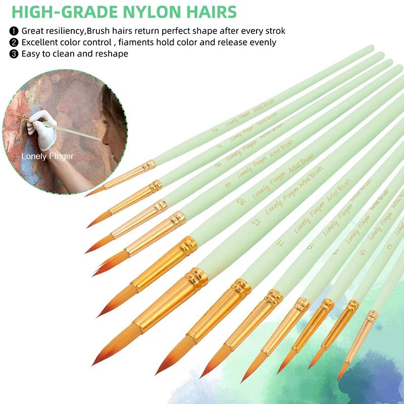 12 Piece Artist Paint Brush Set for Acrylic Watercolor and Fine Detail Painting