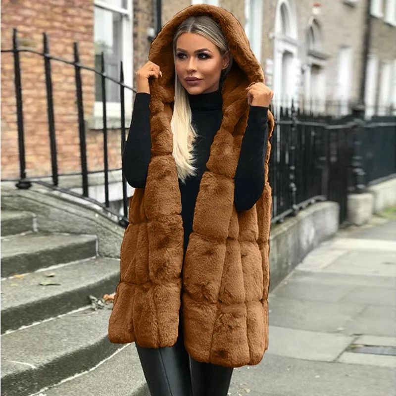 LuxeWarm Hooded Faux Fur Vest for Women – Cozy Winter Sleeveless Vest Jacket
