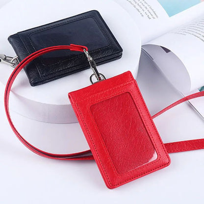 Premium Leather Credit Card Holder with Neck Lanyard – Slim ID Card Holder Wallet for 5 Cards