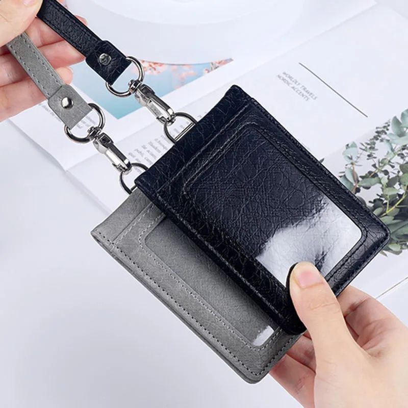 Premium Leather Credit Card Holder with Neck Lanyard – Slim ID Card Holder Wallet for 5 Cards