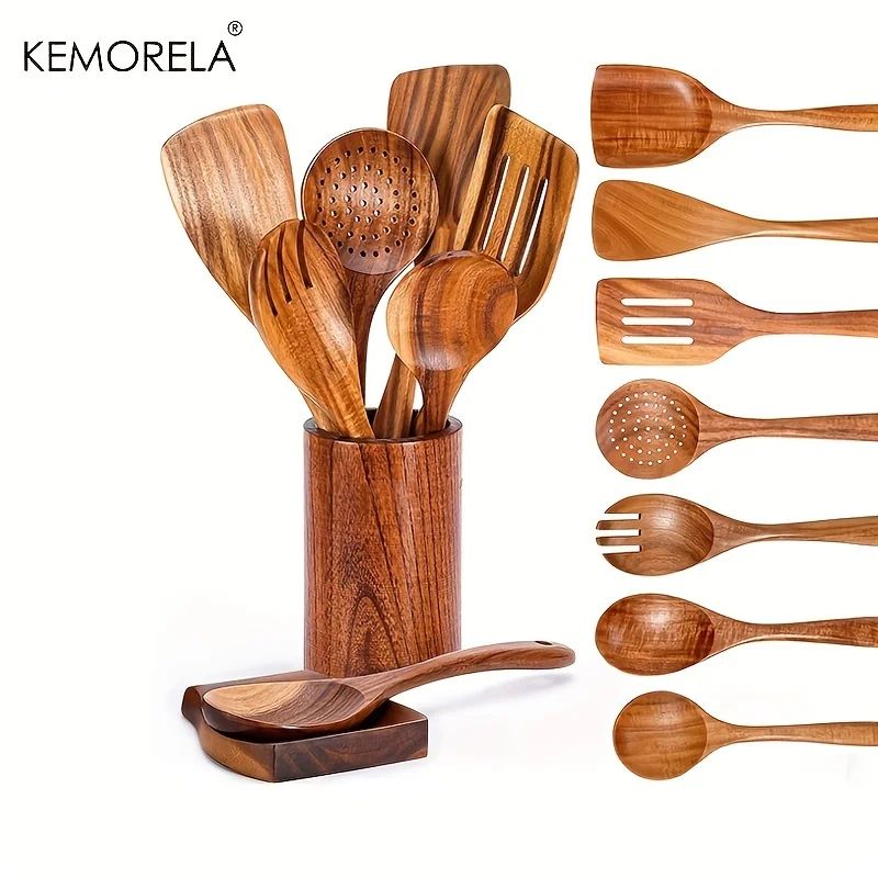 Premium Wooden Spoons for Cooking – 9-Piece Natural Teak Wooden Kitchen Utensils Set with Countertop Holder
