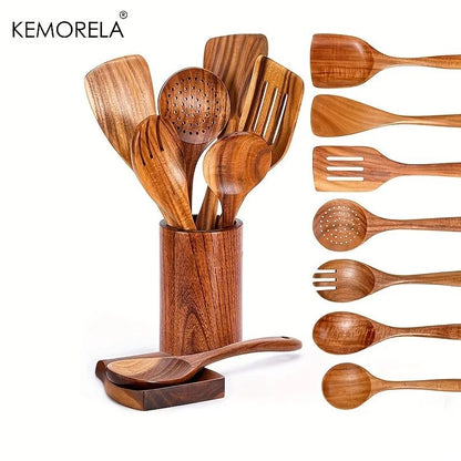 Premium Wooden Spoons for Cooking – 9-Piece Natural Teak Wooden Kitchen Utensils Set with Countertop Holder