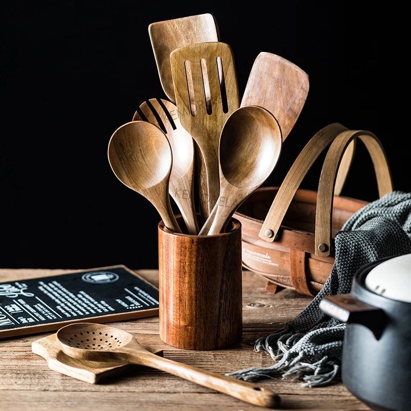Premium Wooden Spoons for Cooking – 9-Piece Natural Teak Wooden Kitchen Utensils Set with Countertop Holder