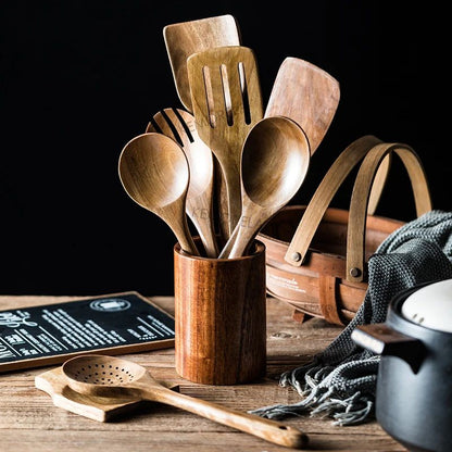 Premium Wooden Spoons for Cooking – 9-Piece Natural Teak Wooden Kitchen Utensils Set with Countertop Holder