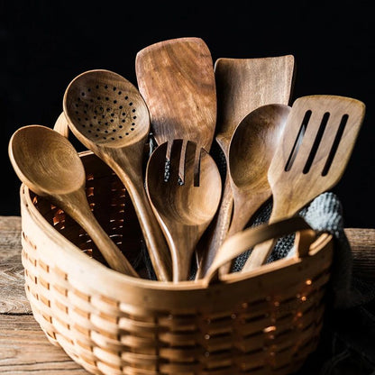 Premium Wooden Spoons for Cooking – 9-Piece Natural Teak Wooden Kitchen Utensils Set with Countertop Holder