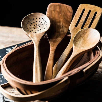 Premium Wooden Spoons for Cooking – 9-Piece Natural Teak Wooden Kitchen Utensils Set with Countertop Holder