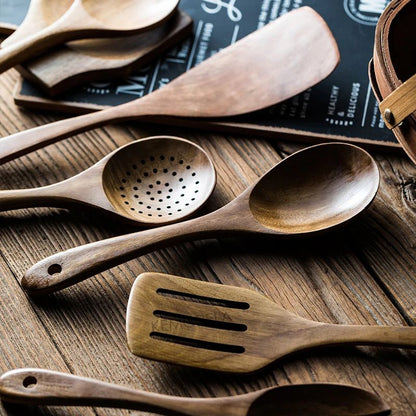 Premium Wooden Spoons for Cooking – 9-Piece Natural Teak Wooden Kitchen Utensils Set with Countertop Holder