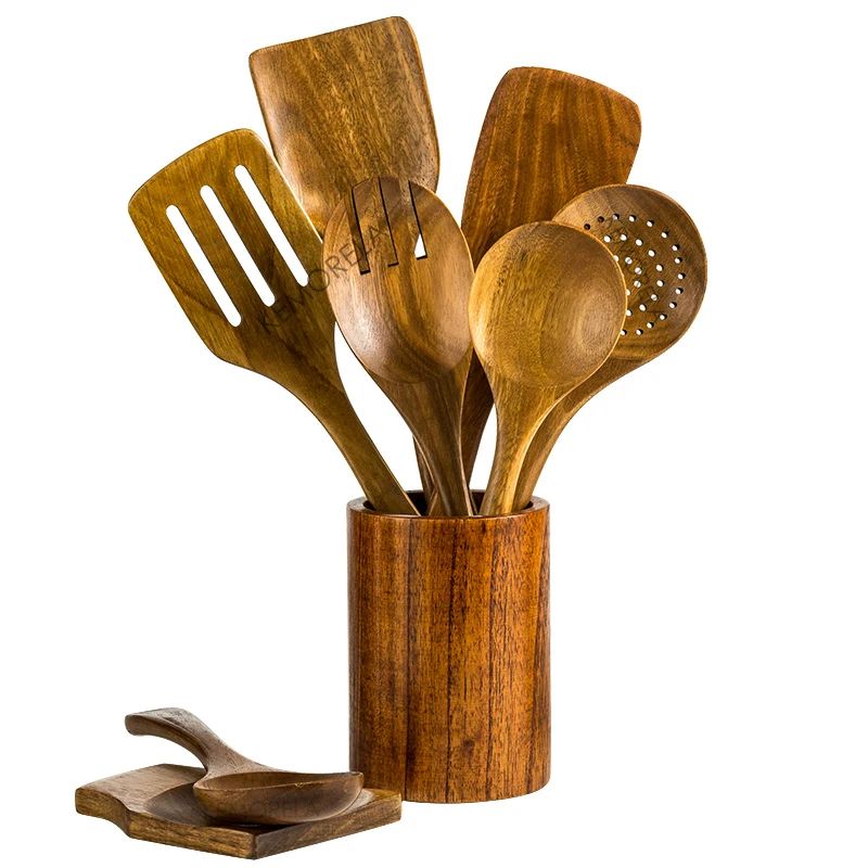 Premium Wooden Spoons for Cooking – 9-Piece Natural Teak Wooden Kitchen Utensils Set with Countertop Holder