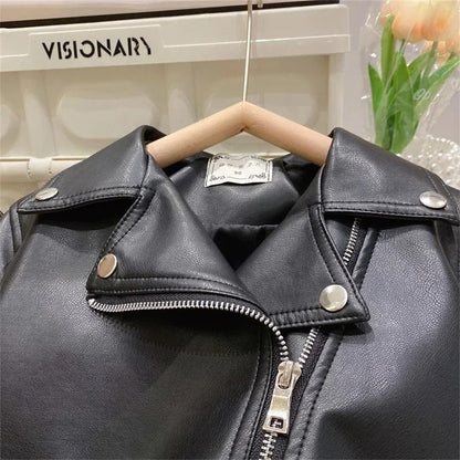 Kids Boys PU Leather Jacket Classic Zipper Motorcycle Style Coat