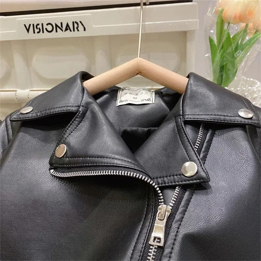 Kids Boys PU Leather Jacket Classic Zipper Motorcycle Style Coat