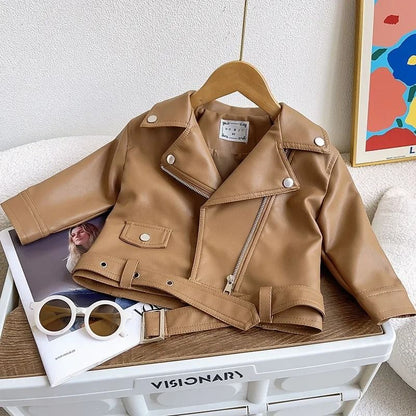 Kids Boys PU Leather Jacket Classic Zipper Motorcycle Style Coat