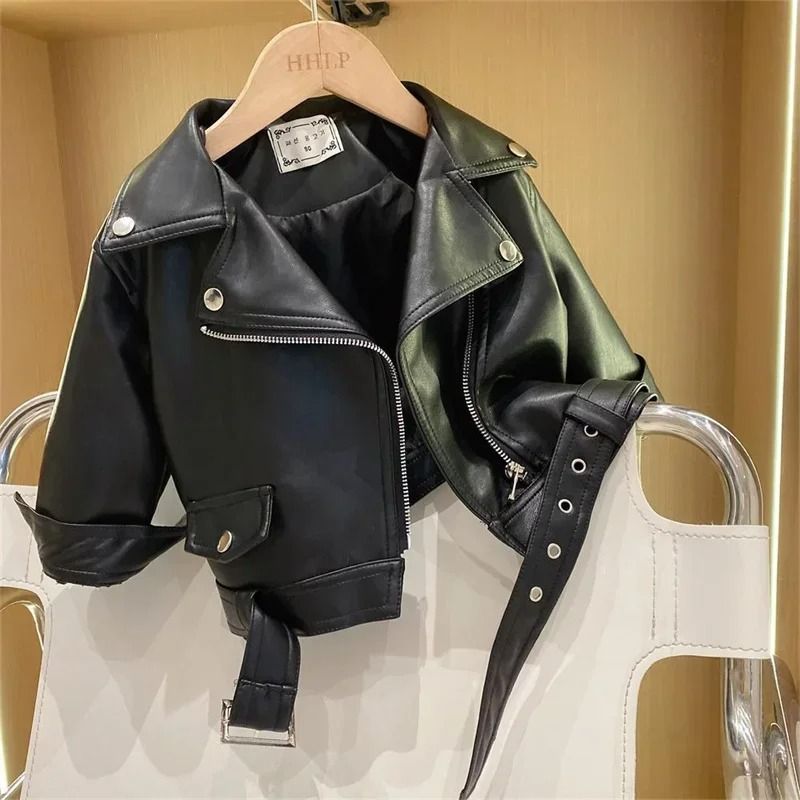 Kids Boys PU Leather Jacket Classic Zipper Motorcycle Style Coat