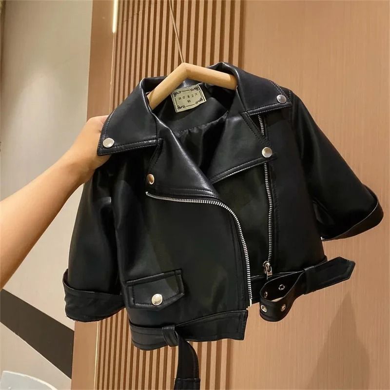 Kids Boys PU Leather Jacket Classic Zipper Motorcycle Style Coat
