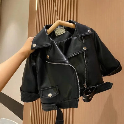 Kids Boys PU Leather Jacket Classic Zipper Motorcycle Style Coat