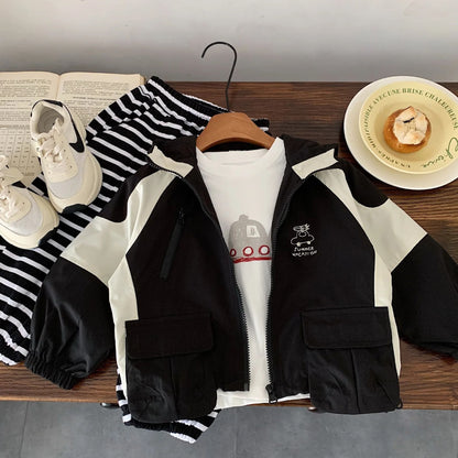 Kids Boys Hooded Cartoon Jacket Korean Style Zipper Casual Coat