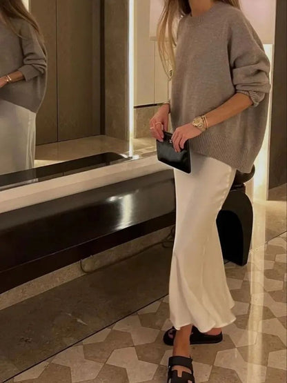 Women's High Waist Satin Midi Skirt – Elegant Office Lady Summer Skirt Mid-Calf Length