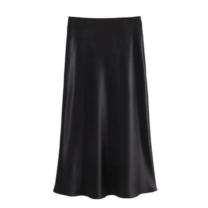 Women's High Waist Satin Midi Skirt – Elegant Office Lady Summer Skirt Mid-Calf Length