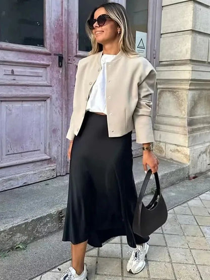 Women's High Waist Satin Midi Skirt – Elegant Office Lady Summer Skirt Mid-Calf Length