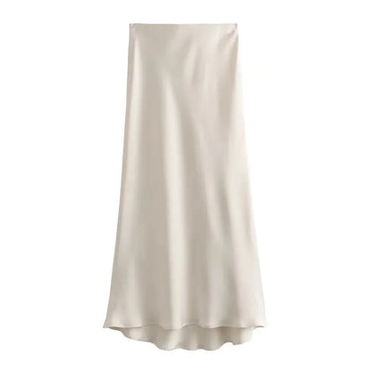 Women's High Waist Satin Midi Skirt – Elegant Office Lady Summer Skirt Mid-Calf Length