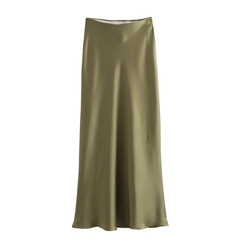 Women's High Waist Satin Midi Skirt – Elegant Office Lady Summer Skirt Mid-Calf Length
