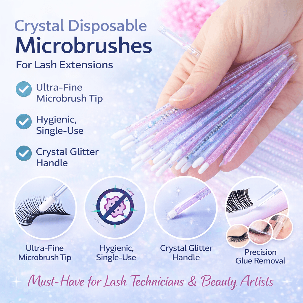 Crystal Disposable Eyelash Brushes & Microbrushes for Precise Lash Extensions, Single-Use Tools for Beauty Professionals