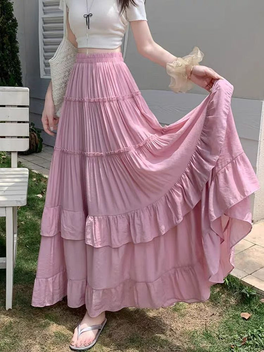 Tiered Ruffle Hem Flowy Maxi Skirt